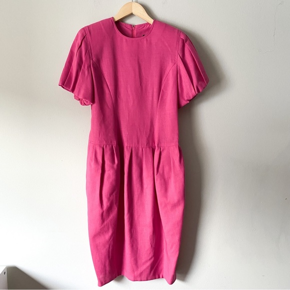 Vintage Dresses & Skirts - VINTAGE, hot pink puff sleeve 90s midi dress with pockets sz small / US 6